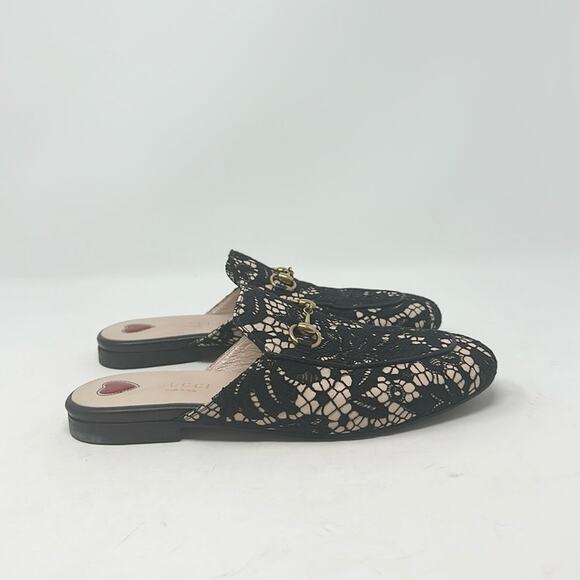 Gucci Princetown Horsebit Mules Leather Lace Overlay Black Tan Size 37 - Picture 3 of 9